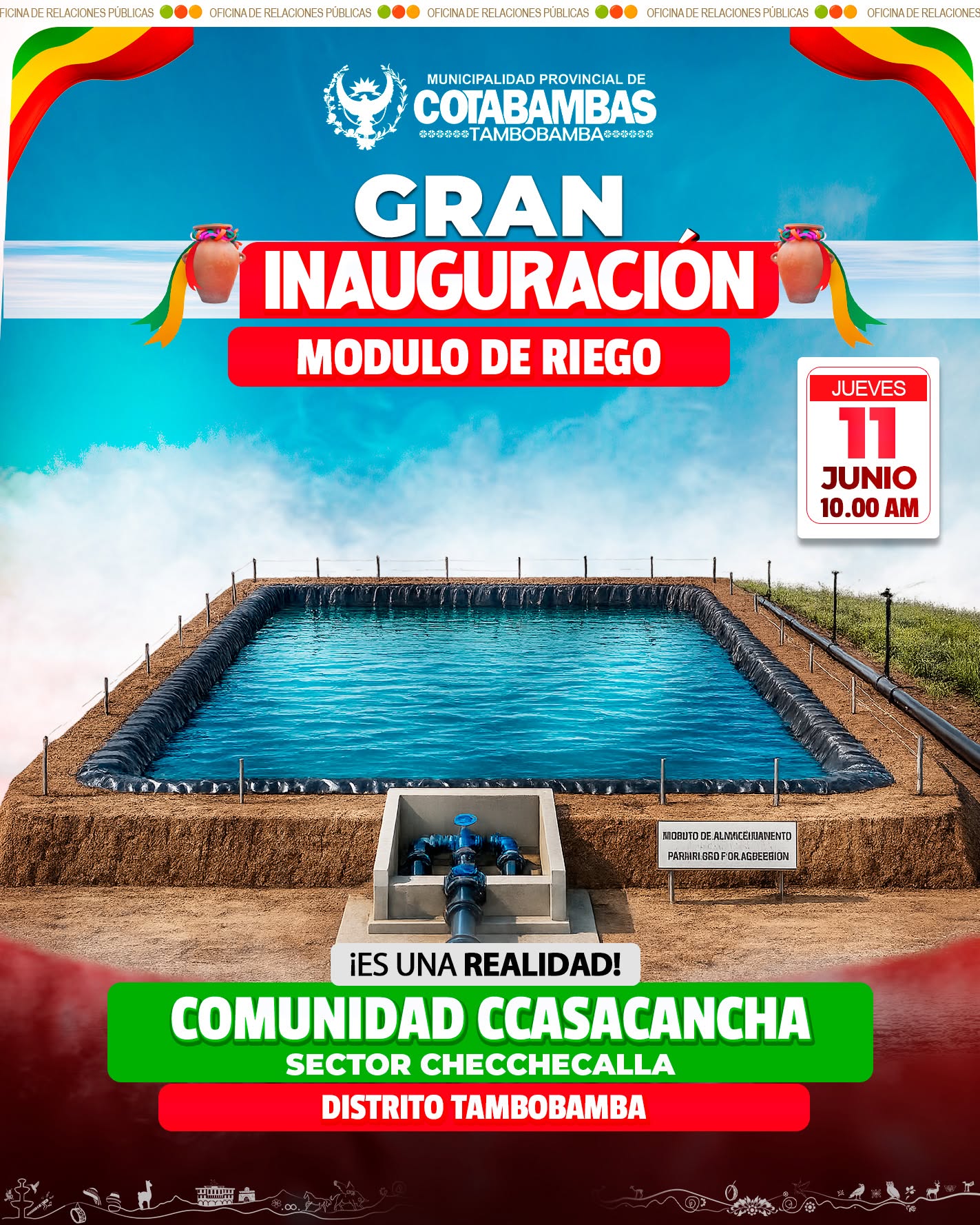 La 𝗠𝘂𝗻𝗶𝗰𝗶𝗽𝗮𝗹𝗶𝗱𝗮𝗱 𝗣𝗿𝗼𝘃𝗶𝗻𝗰𝗶𝗮𝗹 𝗱𝗲 𝗖𝗼𝘁𝗮𝗯𝗮𝗺𝗯𝗮𝘀 – 𝗧𝗮𝗺𝗯𝗼𝗯𝗮𝗺𝗯𝗮, a través de la gestión que lidera el señor alcalde provincial y el consejo municipal tiene el honor de invitar a las autoridades, organizaciones sociales, comunidades campesinas, productores agropecuarios y población en general a participar de la ceremonia protocolar de:
🏗️ 𝗚𝗥𝗔𝗡 𝗜𝗡𝗔𝗨𝗚𝗨𝗥𝗔𝗖𝗜𝗢́𝗡 𝗗𝗘𝗟 𝗠𝗢́𝗗𝗨𝗟𝗢 𝗗𝗘 𝗥𝗜𝗘𝗚𝗢
📍 𝗟𝘂𝗴𝗮𝗿: Comunidad de Ccasacancha – Sector Checchecalla
📅 𝗙𝗲𝗰𝗵𝗮: Jueves 11 de junio de 2026
🕙 𝗛𝗼𝗿𝗮: 10:00 a. m.
La puesta en funcionamiento de esta obra constituye un avance significativo para el desarrollo agropecuario del distrito, reafirmando el compromiso de la Municipalidad Provincial de Cotabambas - Tambobamba con el fortalecimiento del sector agrícola y la mejora de la calidad de vida de nuestra población.
✨ 𝗦𝘂 𝗱𝗶𝘀𝘁𝗶𝗻𝗴𝘂𝗶𝗱𝗮 𝗽𝗿𝗲𝘀𝗲𝗻𝗰𝗶𝗮 𝗱𝗮𝗿𝗮́ 𝗿𝗲𝗮𝗹𝗰𝗲 𝗮 𝘁𝗮𝗻 𝗶𝗺𝗽𝗼𝗿𝘁𝗮𝗻𝘁𝗲 𝗮𝗰𝗼𝗻𝘁𝗲𝗰𝗶𝗺𝗶𝗲𝗻𝘁𝗼.
𝗠𝘂𝗻𝗶𝗰𝗶𝗽𝗮𝗹𝗶𝗱𝗮𝗱 𝗣𝗿𝗼𝘃𝗶𝗻𝗰𝗶𝗮𝗹 𝗱𝗲 𝗖𝗼𝘁𝗮𝗯𝗮𝗺𝗯𝗮𝘀 – 𝗧𝗮𝗺𝗯𝗼𝗯𝗮𝗺𝗯𝗮
𝗚𝗲𝘀𝘁𝗶𝗼́𝗻 𝗠𝘂𝗻𝗶𝗰𝗶𝗽𝗮𝗹 𝟮𝟬𝟮𝟯 – 𝟮𝟬𝟮𝟲
𝗧𝗿𝗮𝗯𝗮𝗷𝗮𝗻𝗱𝗼 𝗽𝗼𝗿 𝗲𝗹 𝗱𝗲𝘀𝗮𝗿𝗿𝗼𝗹𝗹𝗼 𝘀𝗼𝘀𝘁𝗲𝗻𝗶𝗯𝗹𝗲 𝗱𝗲 𝗻𝘂𝗲𝘀𝘁𝗿𝗮𝘀 𝗰𝗼𝗺𝘂𝗻𝗶𝗱𝗮𝗱𝗲𝘀